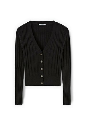 Cardigan nero a costine realizzato in un tessuto morbido, con scollatura a V profonda, maniche lunghe e sei bottoni anteriori con dettagli metallici.