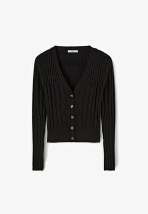 Schwarze gerippte Strickjacke aus weichem Stoff, mit tiefem V-Ausschnitt, langen Ärmeln und sechs vorderen Knöpfen mit metallischen Akzenten.