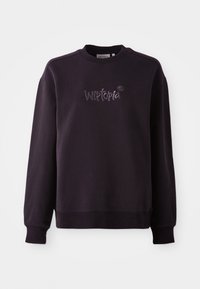 Sweat-shirt noir à col rond avec manches longues et texte brodé "Wictoria" centré sur la poitrine.