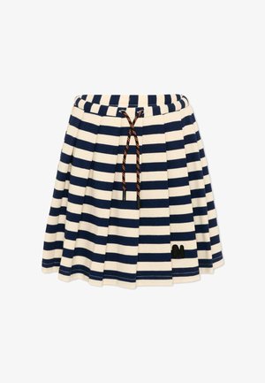 Granatowo-biała plisowana spódnica w poziome paski z wiązaniem na sznurek w talii i małym czarnym haftowanym logo blisko brzegu.