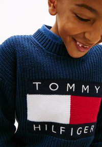 Πλεκτό πουλόβερ σε ναυτικό μπλε με ψηλό ριμπ γιακά, που διαθέτει ορθογώνιο λογότυπο σε λευκό, κόκκινο και μπλε. Το κείμενο αναγράφει "TOMMY HILFIGER" με έντονα γράμματα.