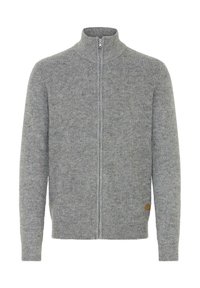 Grijze rits-trui gemaakt van textuur gebreid materiaal. Beschikt over een hoge kraag, lange mouwen en een klein logo patch op de onderlinker.