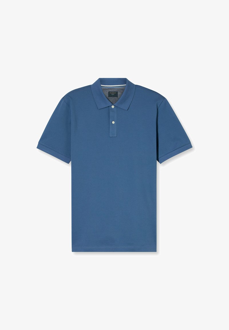 Blauwe polo shirt van gladde stof, met een klassieke kraag, een twee-knopenknopsluiting en korte mouwen. Eenvoudig ontwerp zonder patronen.