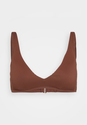 Brown ribbed triangular bralette with wide straps and a narrow band, featuring a simple hook closure at the back. Smooth texture.