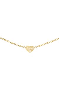 Bracelet en chaîne dorée avec un charm en forme de cœur texturé au centre, finition fine et polie, et design de chaîne reliée.