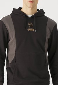Felpa nera con cappuccio caratterizzata da un mix di pannelli grigio scuro, una tasca a marsupio frontale e un logo dorato sul petto. Tessuto morbido con una vestibilità rilassata.