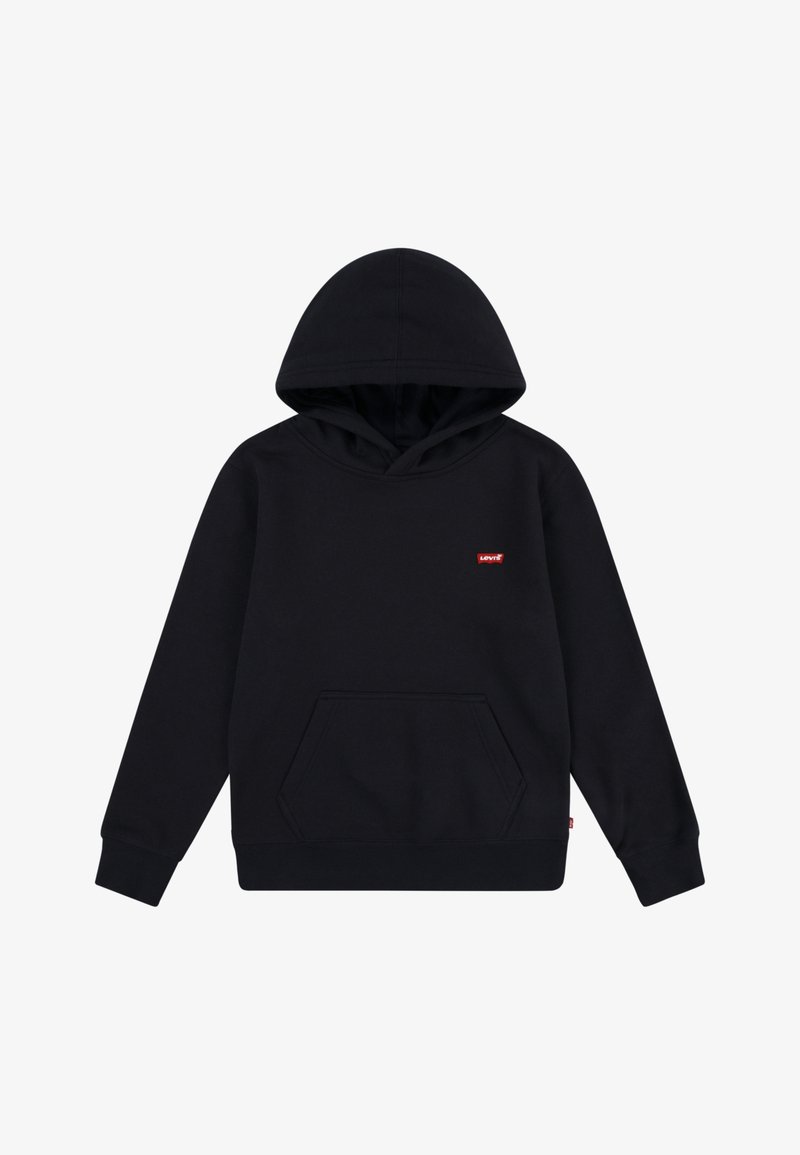 Μαύρη κουκούλα από βαμβάκι, με μπροστινή τσέπη καγκουρό και ένα μικρό κόκκινο λογότυπο της Levi's στο στήθος. Απλός σχεδιασμός, χωρίς μοτίβα.