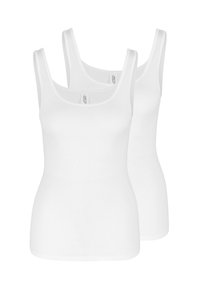 Two white tank tops made of smooth, lightweight fabric. Each features wide shoulder straps and a rounded neckline.