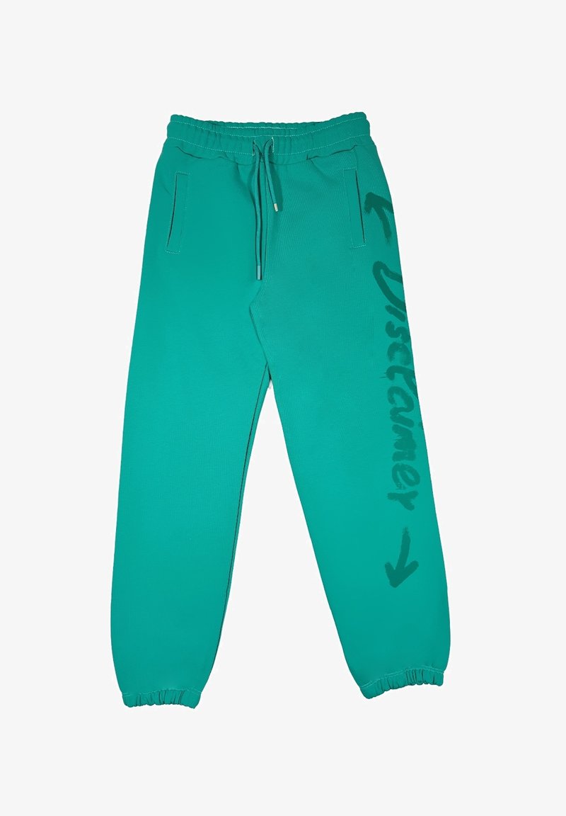 Pantaloni da tuta turchesi con vita elastica, due tasche laterali e coulisse. Presenta la scritta "Disclaimer" stampata in nero lungo la gamba.