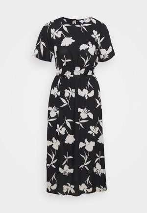 Schwarzes Blumenkleid mit kurzen Ärmeln, einem weißen Blumenmuster, einem elastischen Taillenbund und Midi-Länge. Glatter Stoff.