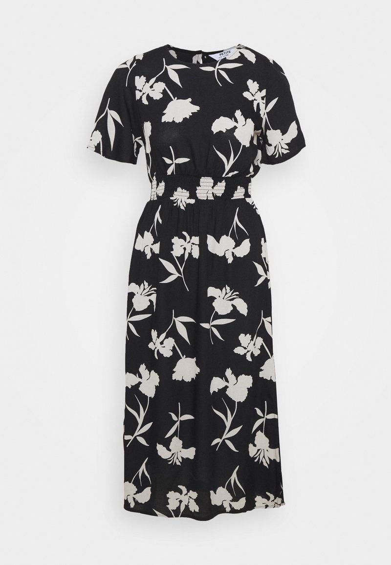 Sort blomsterkjole med korte ærmer, der har et hvidt blomsterprint, elastisk talje og midilang længde. Glat stoftekstur.