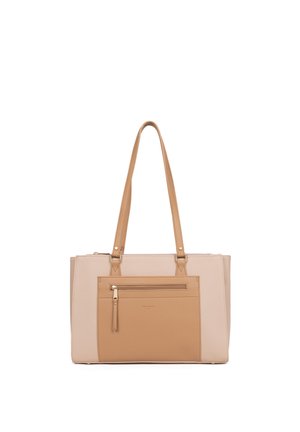 Borsa rettangolare beige e sabbia con due manici da spalla, tasca frontale con cerniera e design minimalista su sfondo bianco.