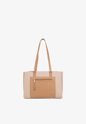 Beige und hellbraune rechteckige Handtasche mit zwei Schulterriemen, einer vorderen Reißverschlusstasche und minimalistischem Design vor weißem Hintergrund.