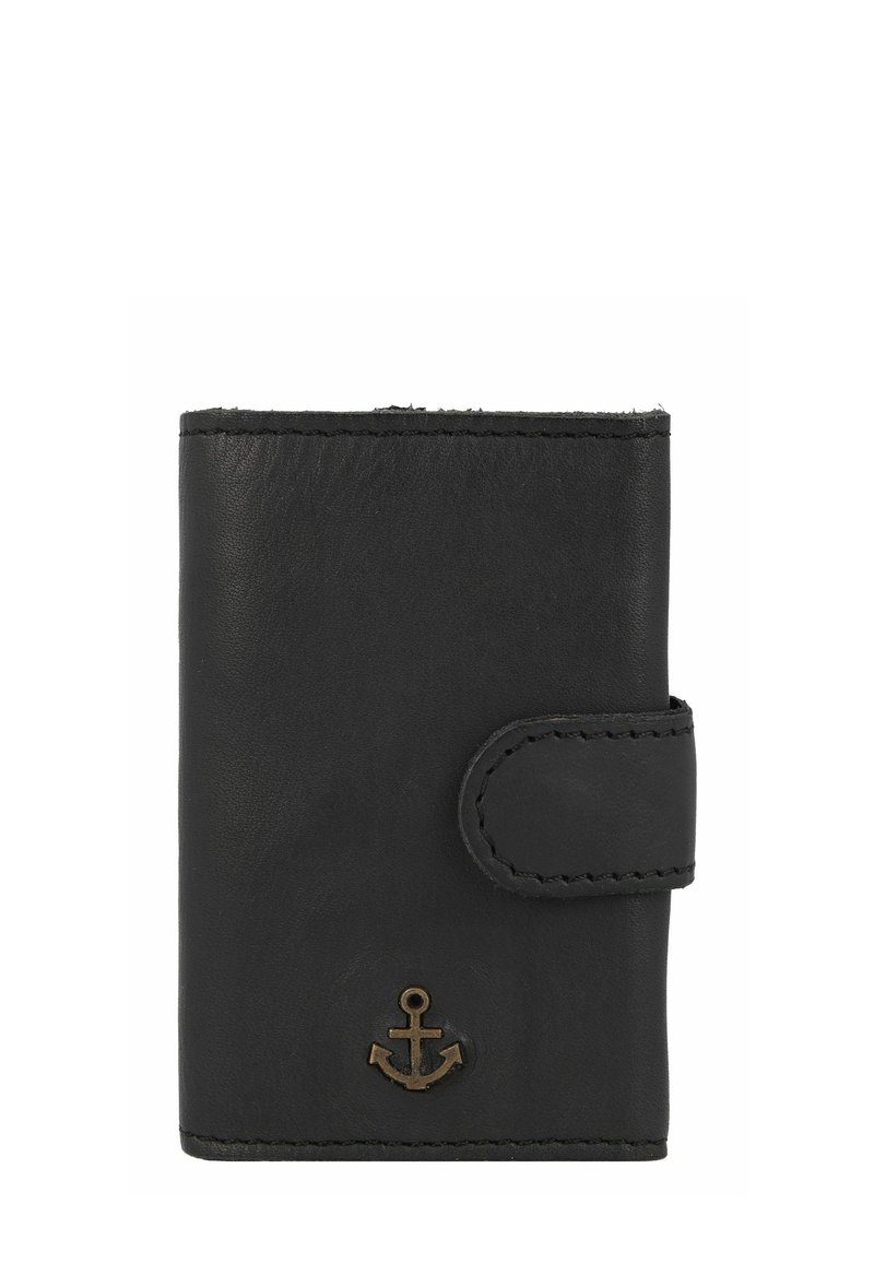 Portafoglio in pelle nera con finitura cucita, dotato di un emblema in bronzo a forma di ancora e chiusura a pressione. Design compatto e rettangolare.