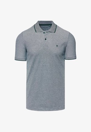 Koszulka polo w kolorze melanżowego szarego z bawełny, z zielonymi paskami na kołnierzyku i mankietach. Posiada dwa guziki oraz małe logo po lewej stronie klatki piersiowej.