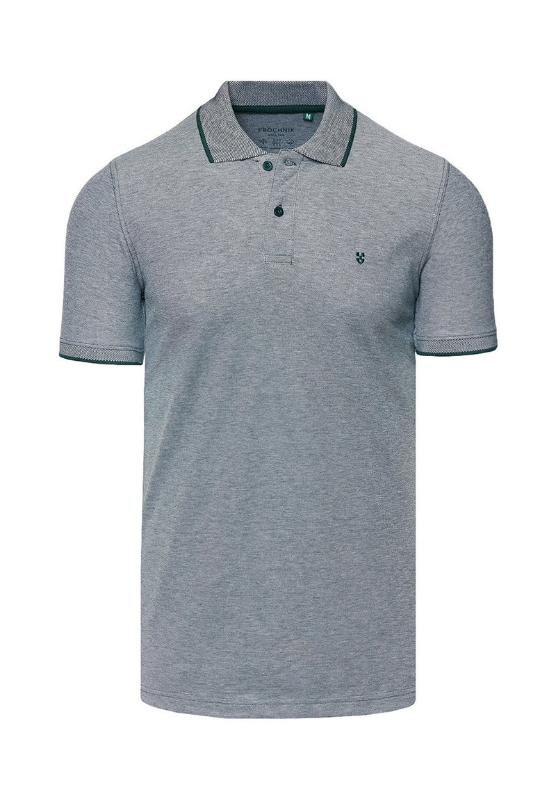 Koszulka polo w kolorze melanżowego szarego z bawełny, z zielonymi paskami na kołnierzyku i mankietach. Posiada dwa guziki oraz małe logo po lewej stronie klatki piersiowej.
