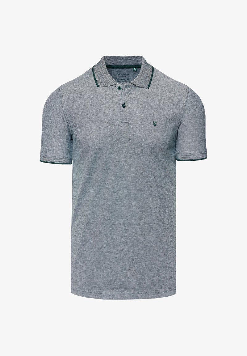 Koszulka polo w kolorze melanżowego szarego z bawełny, z zielonymi paskami na kołnierzyku i mankietach. Posiada dwa guziki oraz małe logo po lewej stronie klatki piersiowej.