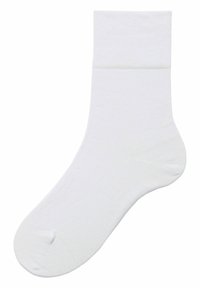 White cotton sock with ribbed cuff, seamless toe, and smooth texture; mid-calf length with no patterns or accents.