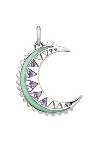 Colgante de luna creciente plateada con esmalte menta, adornado con piedras preciosas moradas y acentos triangulares a lo largo del borde, con un lazo para su sujeción.