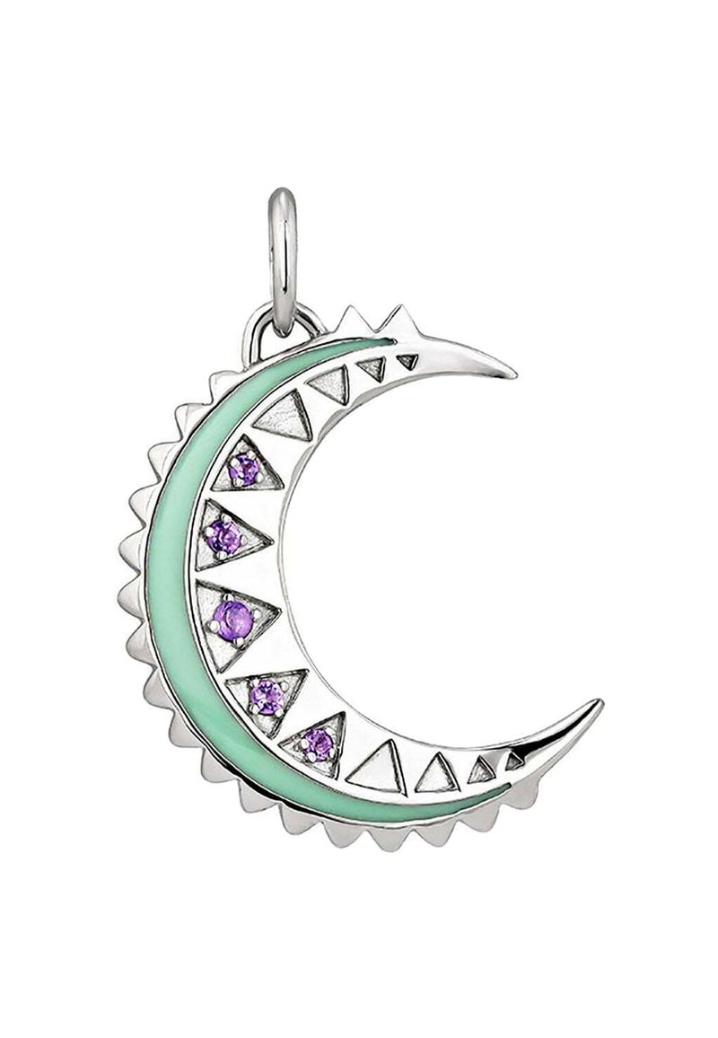 Colgante de luna creciente plateada con esmalte menta, adornado con piedras preciosas moradas y acentos triangulares a lo largo del borde, con un lazo para su sujeción.