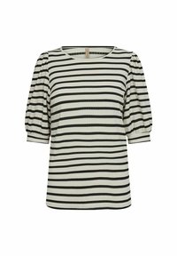 Prúhovaný top v krémovej a čiernej farbe, s ribbed textúrou, krátkymi zúženými rukávmi a okrúhlym výstrihom. Rovný lem pre uvoľnený strih.