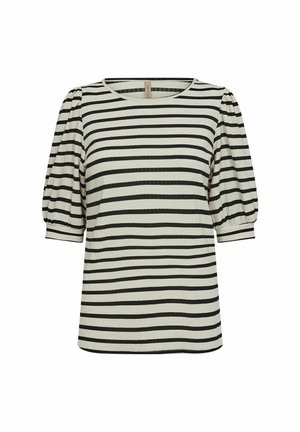 Top a rayas en crema y negro, con textura acanalada, mangas cortas abullonadas y cuello redondo. Bajo recto para un ajuste relajado.