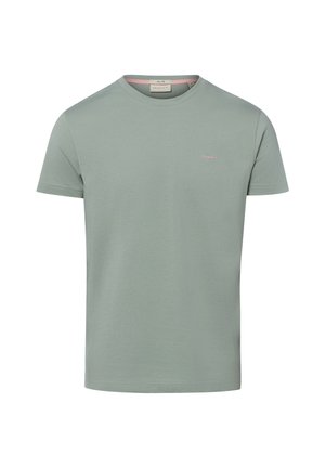 Hellgrünes T-Shirt mit kurzen Ärmeln und Rundhalsausschnitt mit kleinem pinkfarbenem "GANT"-Logo auf der linken Brust.