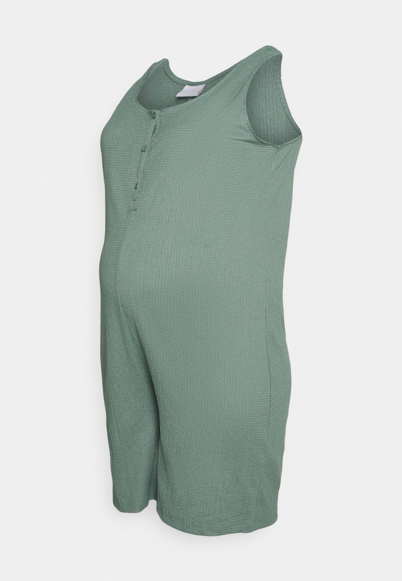 Grüner, ärmelloser Jumpsuit aus strukturiertem Stoff. Mit Rundhalsausschnitt und Knopfleiste auf der Vorderseite. Shorts-Design.