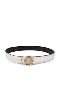 Vit läderbälte med en glänsande svart inredning, prytt med ett guldcirkulärt spänne med en intrikat hjärtformad design.