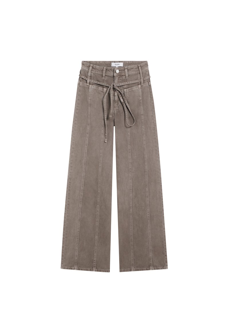 Bukser med vide ben i en taupefarve, lavet af bomuld med en blød tekstur. Har en snøre i taljen og lodrette sømdetaljer.