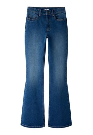 Flared blue denim jeans with a mid-rise waist, five-pocket design, and contrasting stitching. Soft texture with a faded pattern on thighs.