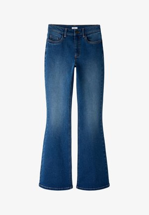 Mėlyni dailiai platėjantys džinsai su vidutiniu liemeniu, penkių kišenių dizainu ir kontrastiniu siuvimu. Minkšta tekstūra su išblukusiu raštu šlaunų srityje.