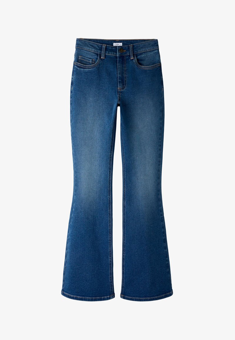 Mėlyni dailiai platėjantys džinsai su vidutiniu liemeniu, penkių kišenių dizainu ir kontrastiniu siuvimu. Minkšta tekstūra su išblukusiu raštu šlaunų srityje.