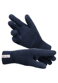 Dunkelblau gestrickte Handschuhe mit geribbelter Textur und enger Passform. Mit offenen Fingerspitzen für mehr Geschicklichkeit; versehen mit 3M Thinsulate-Branding.