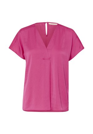 Fuchsia zijden blouse met een V-hals, korte mouwen en een sluiting met sleutelgat aan de achterkant. Heeft een losse fit en een minimalistisch ontwerp.