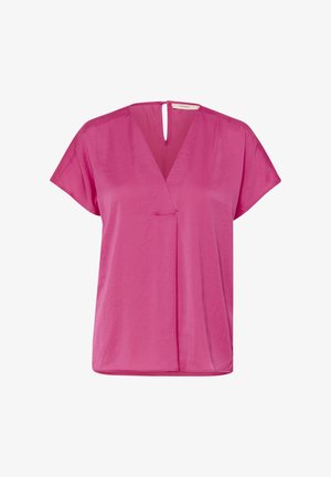 Fuchsia zijden blouse met een V-hals, korte mouwen en een sluiting met sleutelgat aan de achterkant. Heeft een losse fit en een minimalistisch ontwerp.