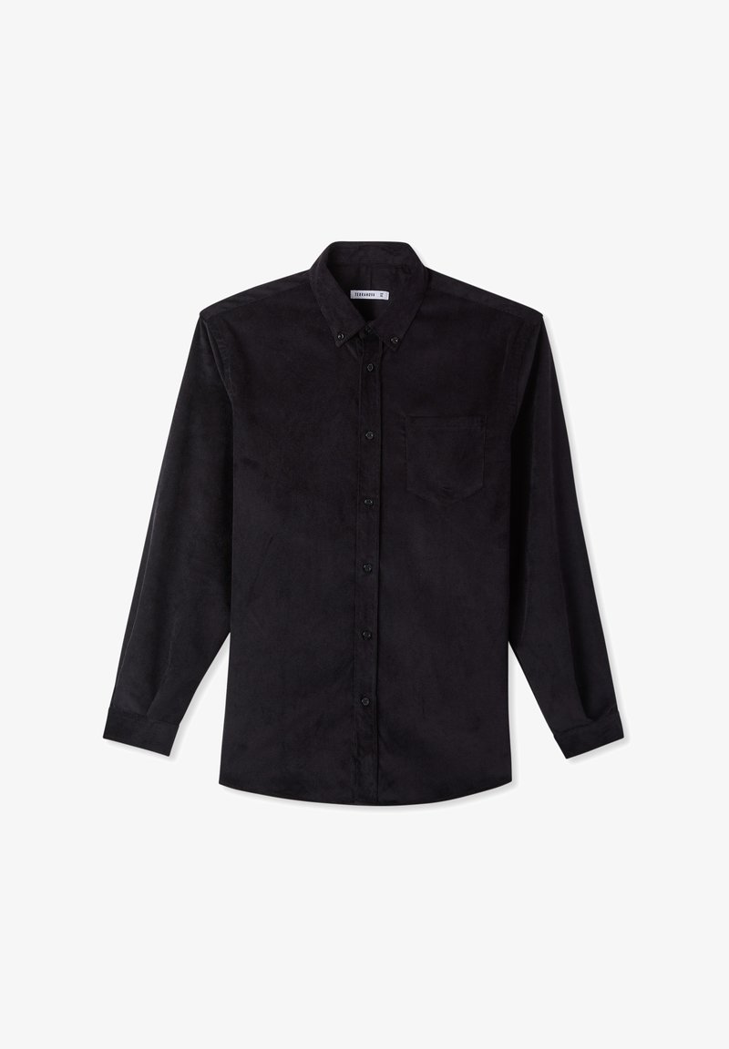 Camicia nera di velluto a coste con bottoni, maniche lunghe, una tasca frontale e un colletto classico. Tessuto morbido con motivo a coste verticali.