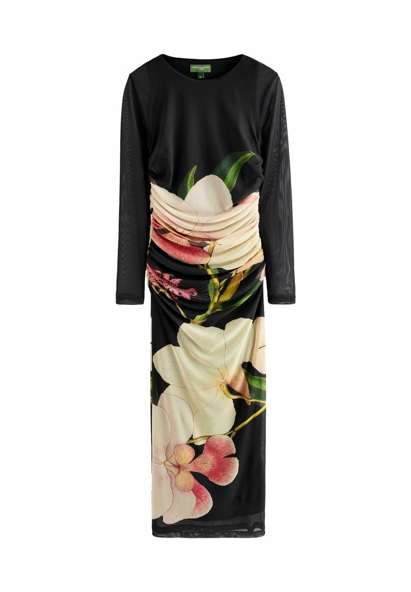 Robe midi noire à manches longues avec manches transparentes et grand imprimé floral blanc et rose sur le devant et la jupe.