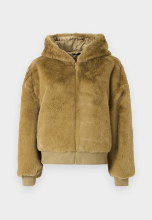 Tan umělá kožešinová bomber bunda se zipem vpředu, kapucí a elastickými manžetami a lemem. Měkká struktura a zkrácený design pro pohodlí a teplo.