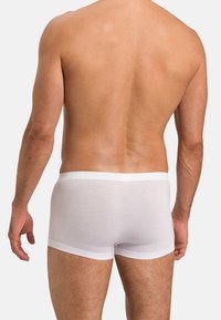 Valkoiset puuvillabokserit, joissa on pehmeä vyötärönauha ja tiukka muotoilu, esittelevät sileää rakennetta ja minimalistista tyyliä paljaalla torsolla.