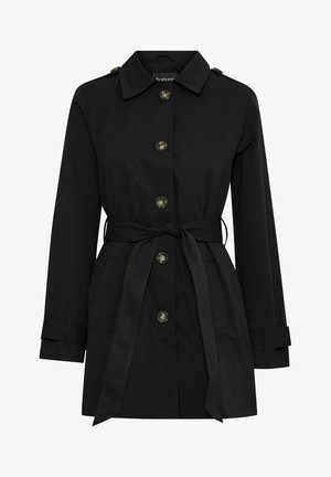 Crni trench kaput s ovratnikom, prednjim gumbima, strukom s remenom, bočnim džepovima i dugim rukavima. Glatka tkanina s suptilnim sjajem.