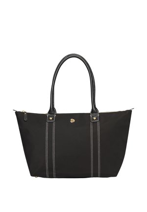 Sort shopper taske med to lange håndtag, hvide syninger langs frontremme, guld lynlås og lille gyldent emblem i midten.