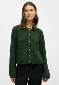 Grøn, fuzzy cardigan med lommer og en rund halsudskæring, hæftet med guldknapper foran. Lange, let udflarede ærmer.