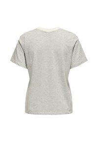 Gestreiftes T-Shirt in Hellgrau und Creme, mit kurzen Ärmeln, lockerem Schnitt und Rundhalsausschnitt mit cremefarbener Einfassung.
