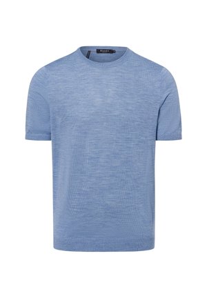 Helles blaues Kurzarmstrickoberteil, runder Ausschnitt, glatte Textur, gerippter Saum und Bündchen, mit einem dezenten Melange-Muster.