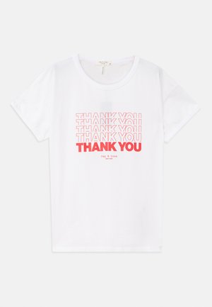 White cotton t-shirt featuring multiple "THANK YOU" graphics in red, with a round neckline and short sleeves. Text in varying font sizes.