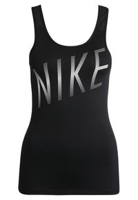 Černý bezrukávový sportovní top z hladkého materiálu se vyznačuje velkým bílým logem "NIKE" s diagonálními pruhy. Klasický kulatý výstřih.