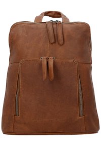 Sac à dos en cuir marron avec une texture lisse, fermetures éclair doubles, une poche avant et une poignée supérieure pour le transport.