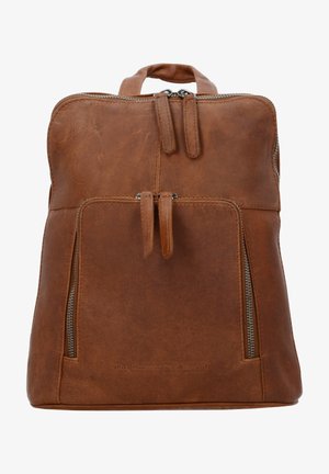 Zaino in pelle marrone con una texture liscia, doppie chiusure a cerniera, una tasca frontale e una maniglia superiore per il trasporto.