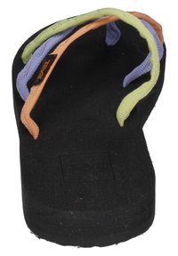 Black flip-flop featuring textured footbed and colorful nylon straps in green, orange, purple, and blue. Design includes logo on sole.